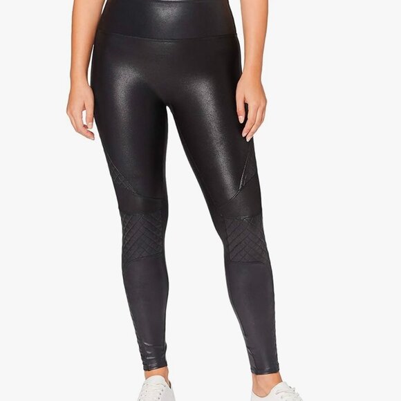 SPANX FAUX LEATHER BLAACK QUILTED LEGGINGS M - Picture 6 of 8